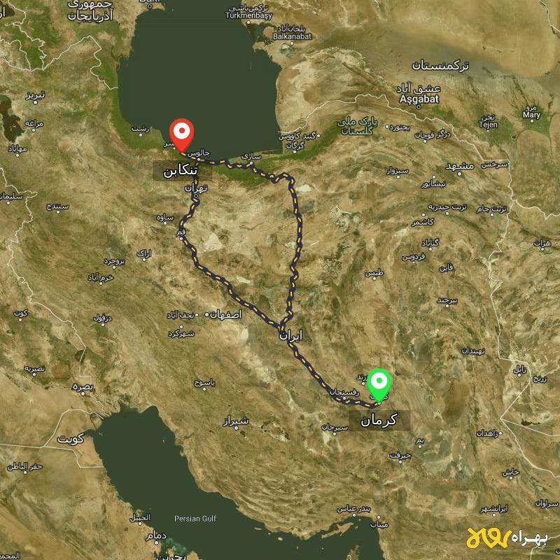 مسافت و فاصله تنکابن - مازندران تا کرمان از ۲ مسیر - مرداد ۱۴۰۳