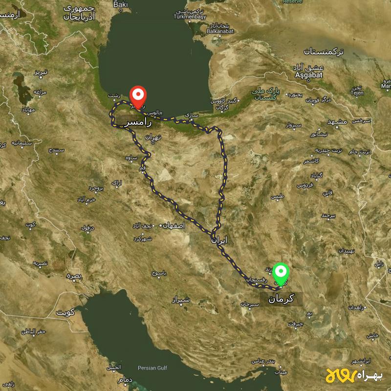مسافت و فاصله رامسر - مازندران تا کرمان از ۲ مسیر - مرداد ۱۴۰۳