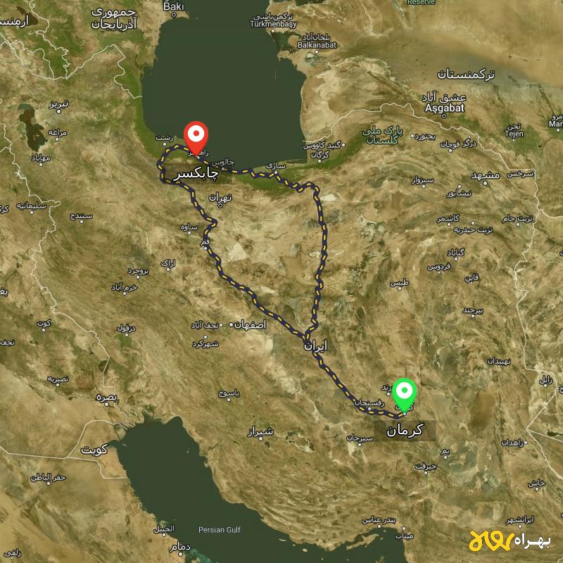 مسافت و فاصله چابکسر - گیلان تا کرمان از ۲ مسیر - آذر ۱۴۰۳