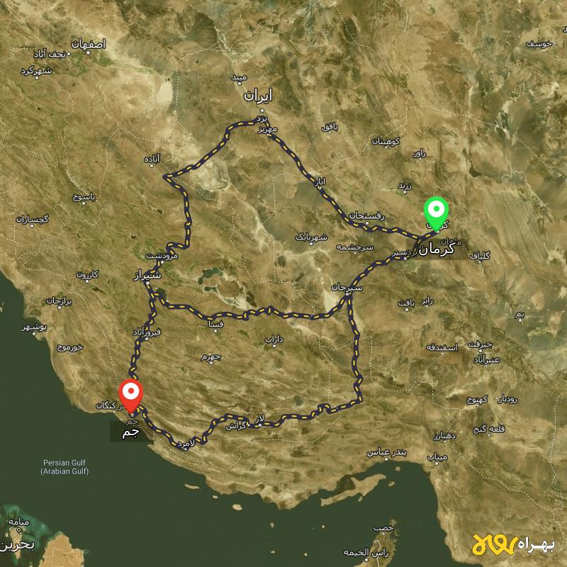 مسافت و فاصله جم - بوشهر تا کرمان از ۳ مسیر - اردیبهشت ۱۴۰۳