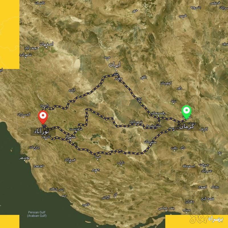 مسافت و فاصله نورآباد - نورآباد ممسنی تا کرمان از 3 مسیر - مسیریاب بهراه