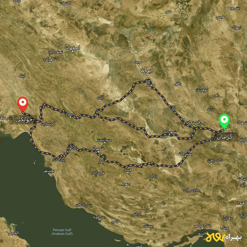 مسافت و فاصله جولکی - خوزستان تا کرمان از ۳ مسیر - شهریور ۱۴۰۳