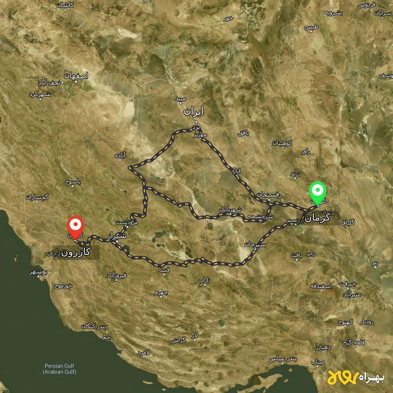 مسافت و فاصله کازرون - فارس تا کرمان از ۳ مسیر - اردیبهشت ۱۴۰۳