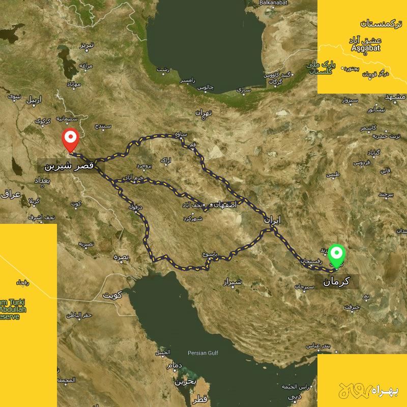مسافت و فاصله قصر شیرین - کرمانشاه تا کرمان از ۳ مسیر - بهمن ۱۴۰۳