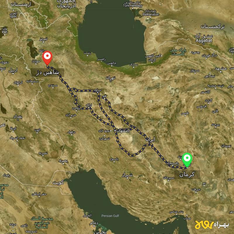 مسافت و فاصله شاهین دژ - آذربایجان غربی تا کرمان از ۳ مسیر - دی ۱۴۰۳