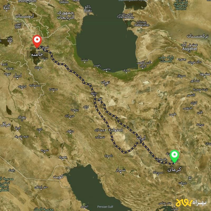 مسافت و فاصله خامنه - آذربایجان شرقی تا کرمان از ۲ مسیر - مرداد ۱۴۰۳