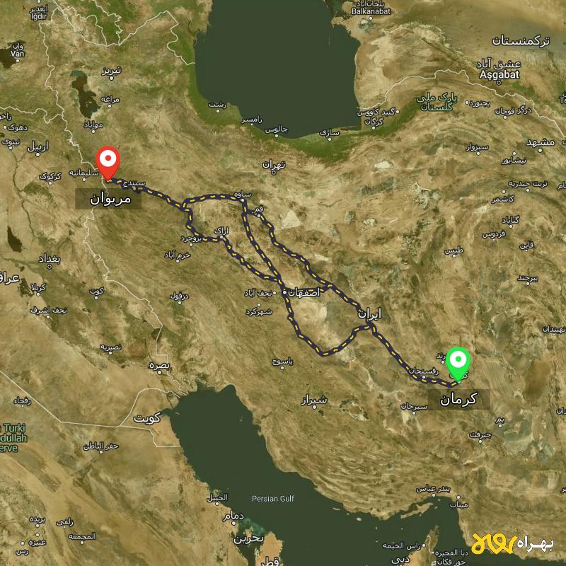 مسافت و فاصله مریوان - کردستان تا کرمان از ۳ مسیر - خرداد ۱۴۰۴