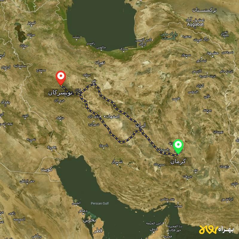 مسافت و فاصله تویسرکان - همدان تا کرمان از ۲ مسیر - مرداد ۱۴۰۳