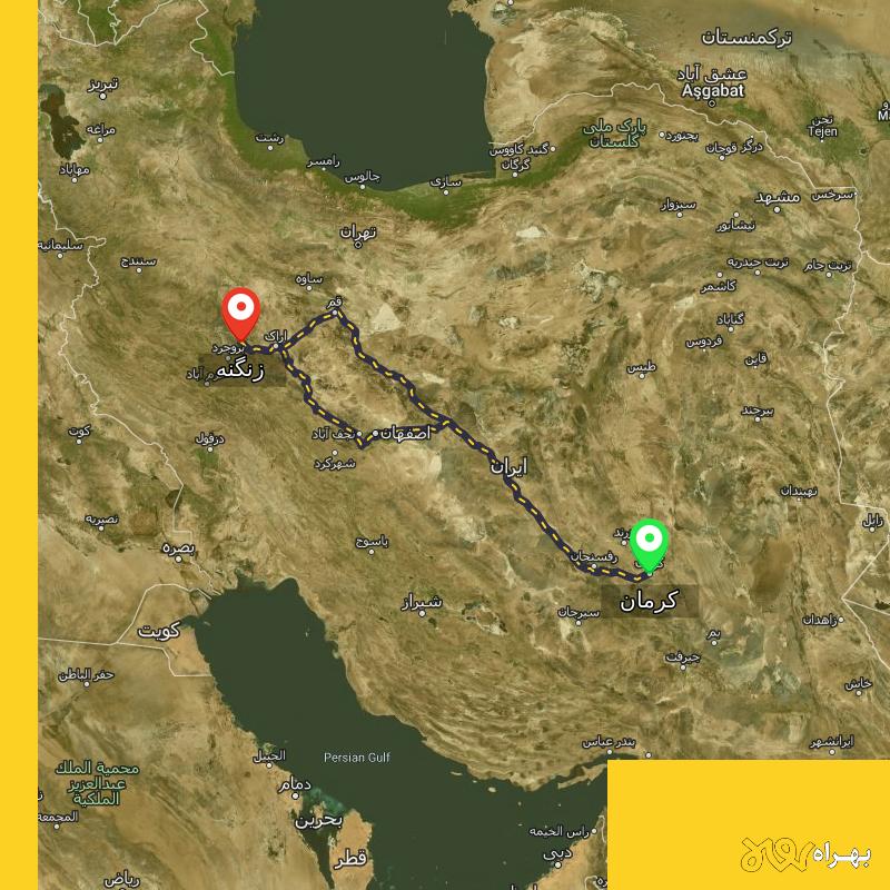 مسافت و فاصله زنگنه - همدان تا کرمان از ۲ مسیر - تیر ۱۴۰۴