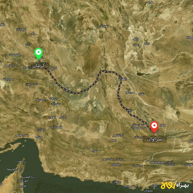 مسافت و فاصله سراوان - سیستان و بلوچستان تا کرمان - مسیریاب بهراه