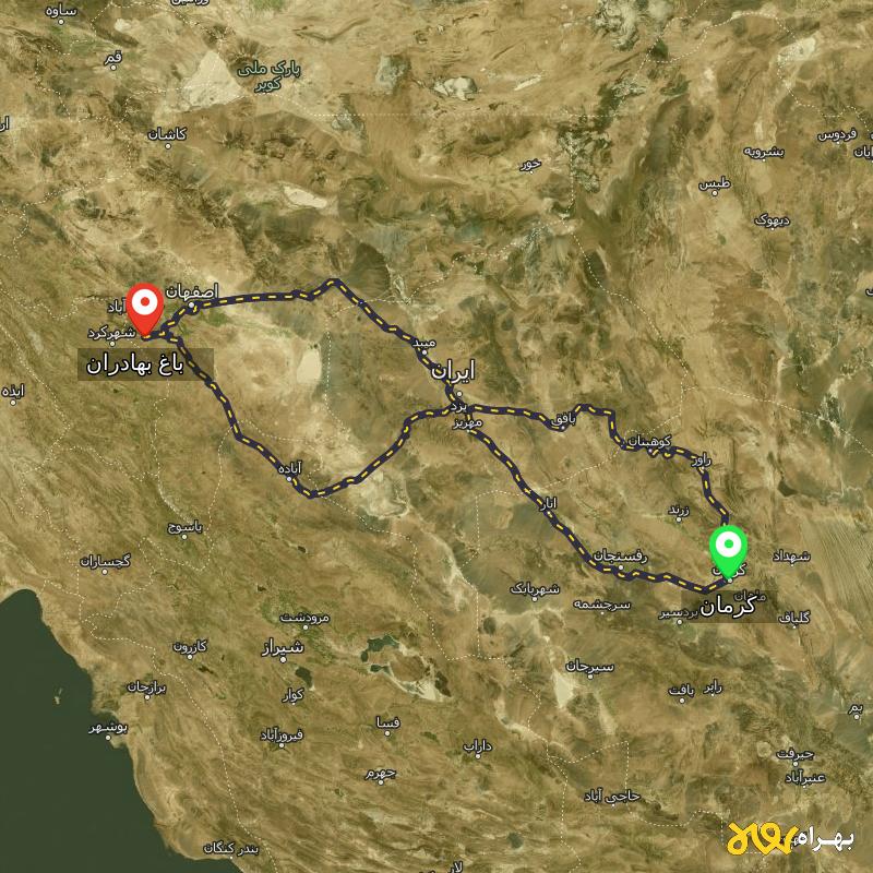 مسافت و فاصله باغ بهادران - اصفهان تا کرمان از ۳ مسیر - آذر ۱۴۰۳