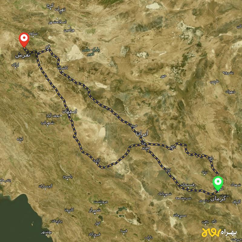 مسافت و فاصله تفرش - مرکزی تا کرمان از ۳ مسیر - آذر ۱۴۰۳