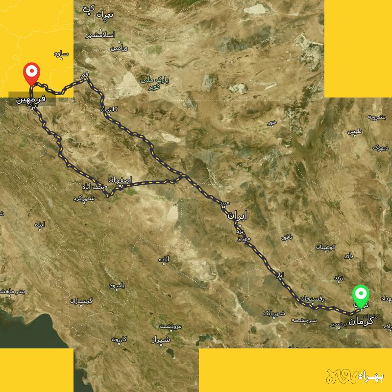 مسافت و فاصله فرمهین - مرکزی تا کرمان از ۲ مسیر - آذر ۱۴۰۳