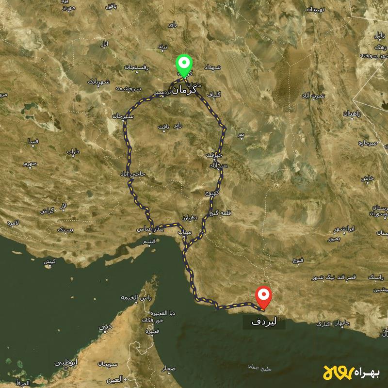 مسافت و فاصله لیردف - هرمزگان تا کرمان از ۲ مسیر - اردیبهشت ۱۴۰۳