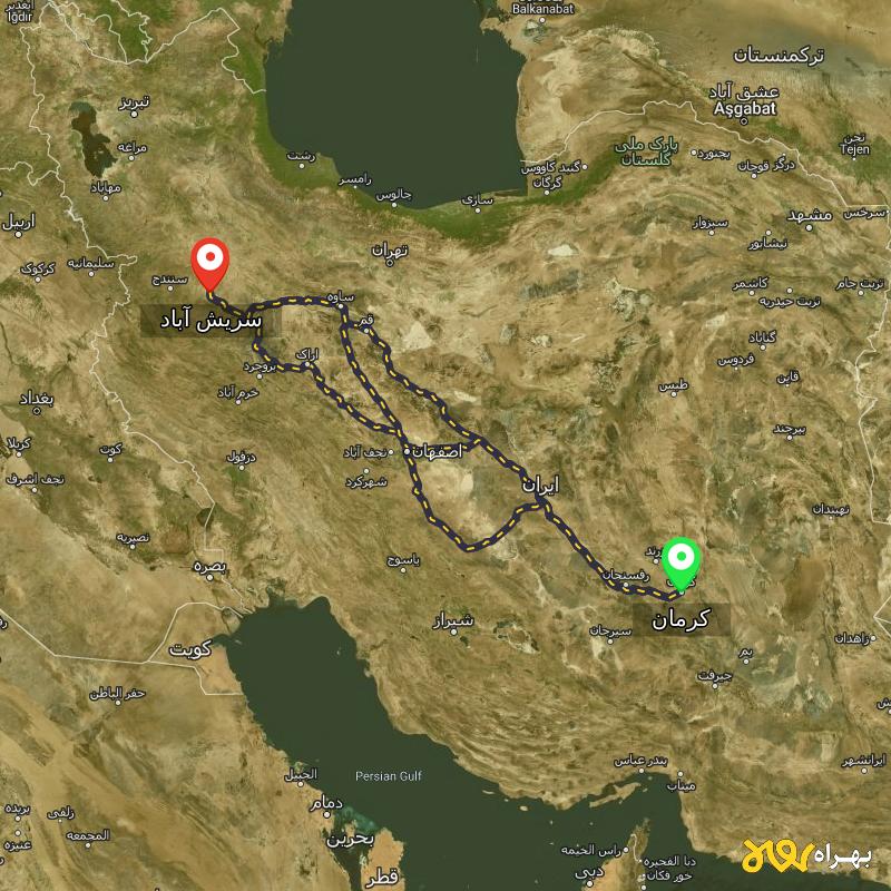 مسافت و فاصله سریش آباد - کردستان تا کرمان از ۳ مسیر - دی ۱۴۰۳