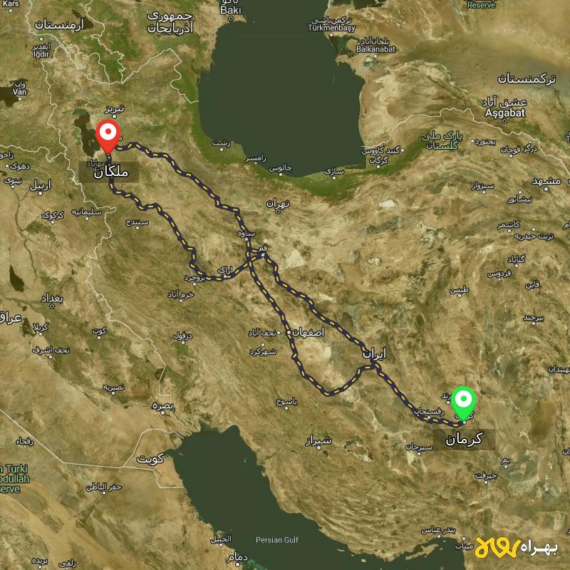 مسافت و فاصله ملکان - آذربایجان شرقی تا کرمان از ۳ مسیر - مرداد ۱۴۰۳