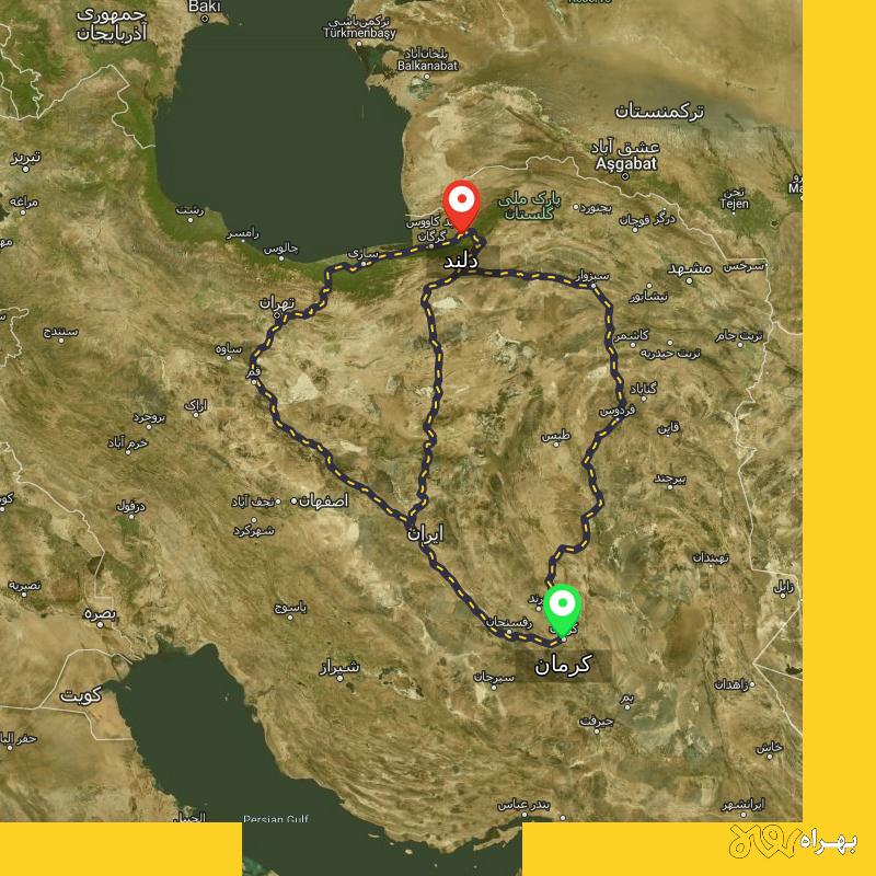 مسافت و فاصله دلند - گلستان تا کرمان از ۳ مسیر - دی ۱۴۰۳