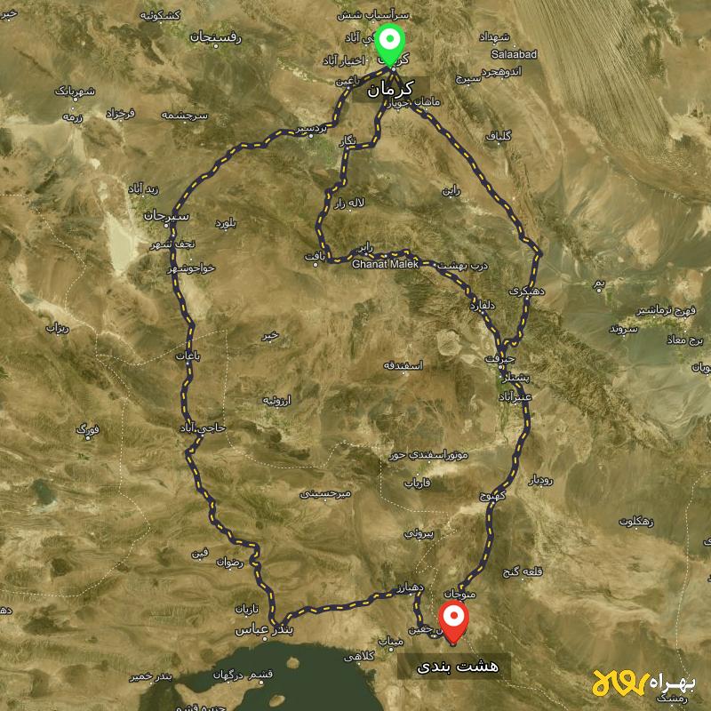 مسافت و فاصله هشت بندی - هرمزگان تا کرمان از 3 مسیر - مسیریاب بهراه