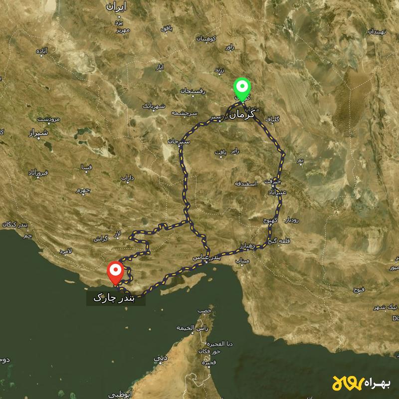 مسافت و فاصله بندر چارک، کیش - هرمزگان تا کرمان از ۳ مسیر - اردیبهشت ۱۴۰۳