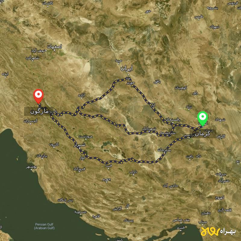 مسافت و فاصله مارگون - کهگیلویه و بویر احمد تا کرمان از ۳ مسیر - آذر ۱۴۰۳