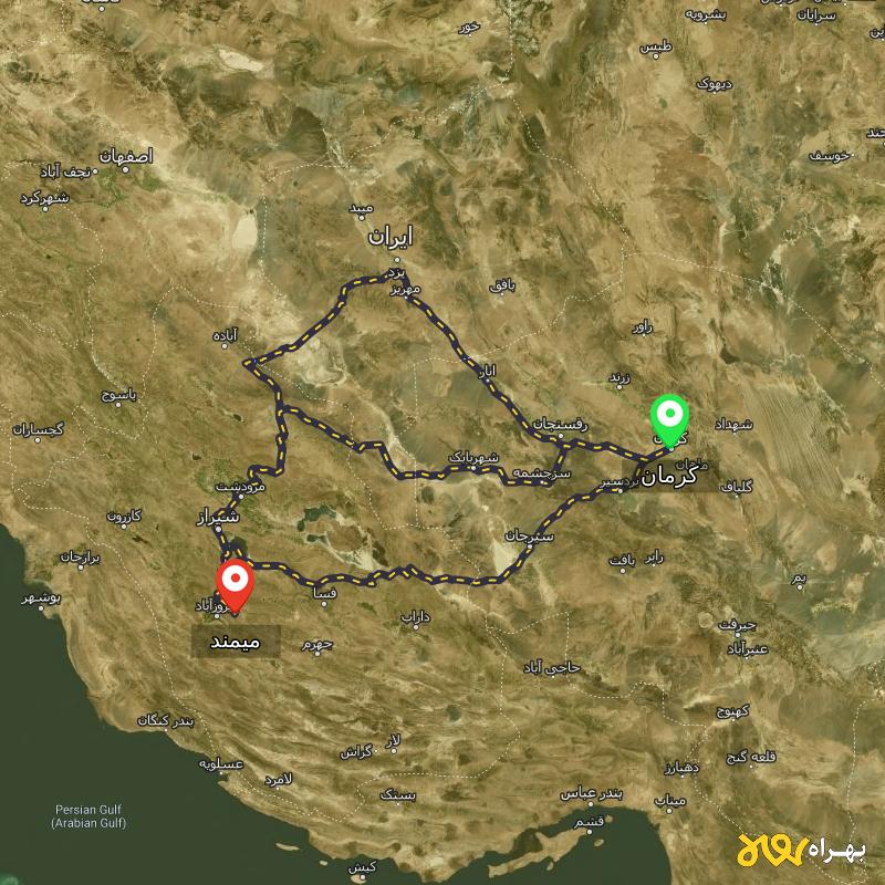 مسافت و فاصله میمند - فارس تا کرمان از ۳ مسیر - آذر ۱۴۰۳