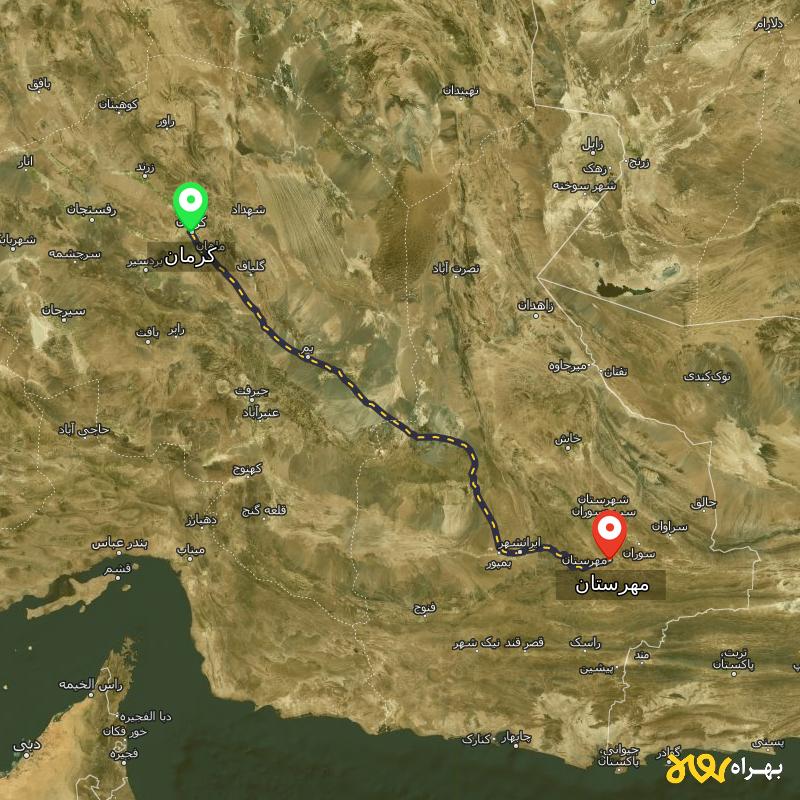 مسافت و فاصله مهرستان - سیستان و بلوچستان تا کرمان - اردیبهشت ۱۴۰۳