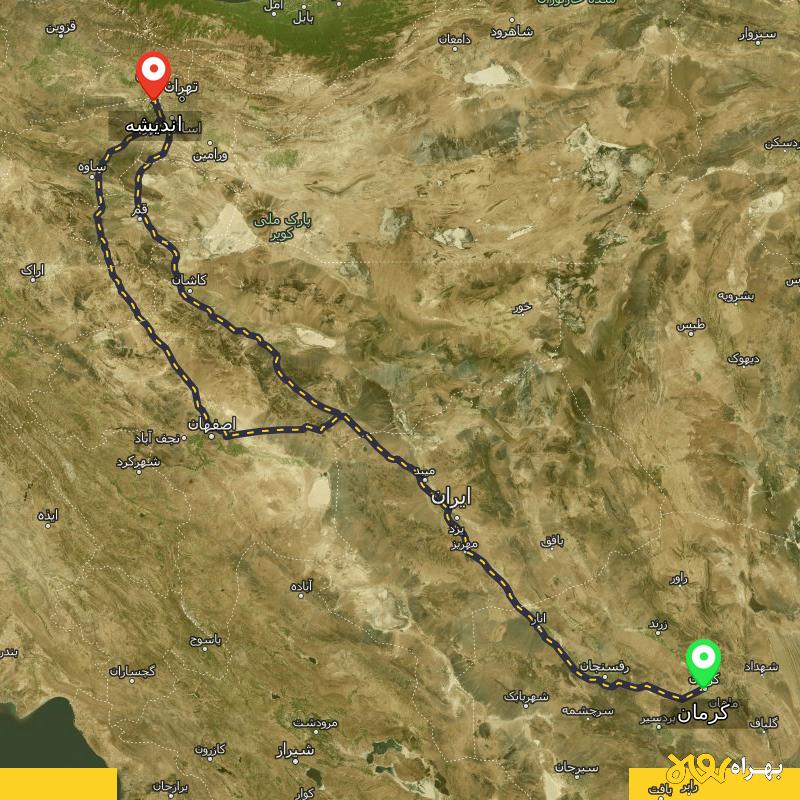مسافت و فاصله اندیشه تا کرمان از ۲ مسیر - بهمن ۱۴۰۳