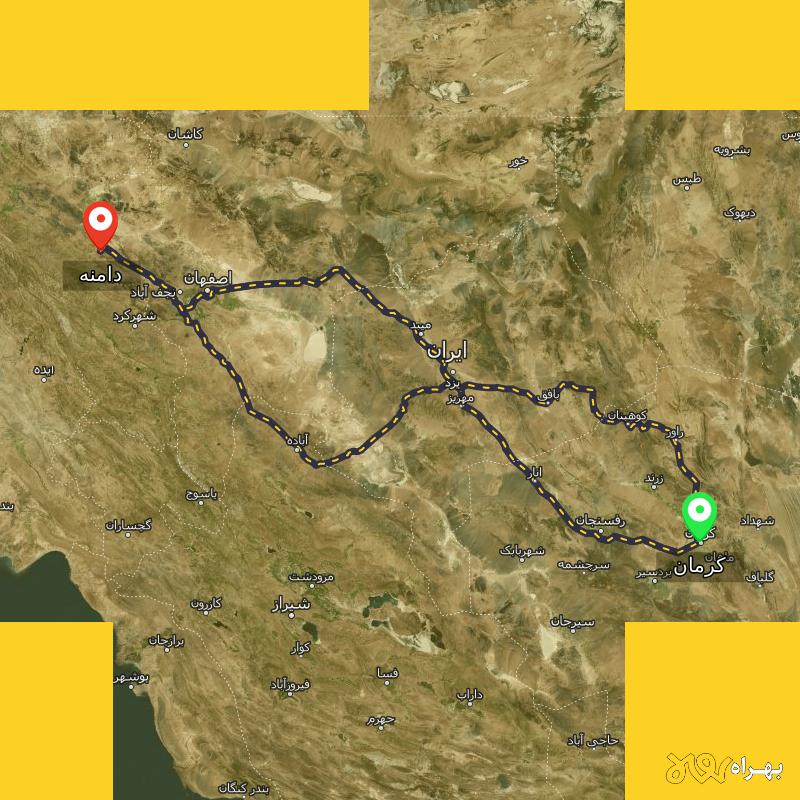 مسافت و فاصله دامنه - اصفهان تا کرمان از ۳ مسیر - دی ۱۴۰۳