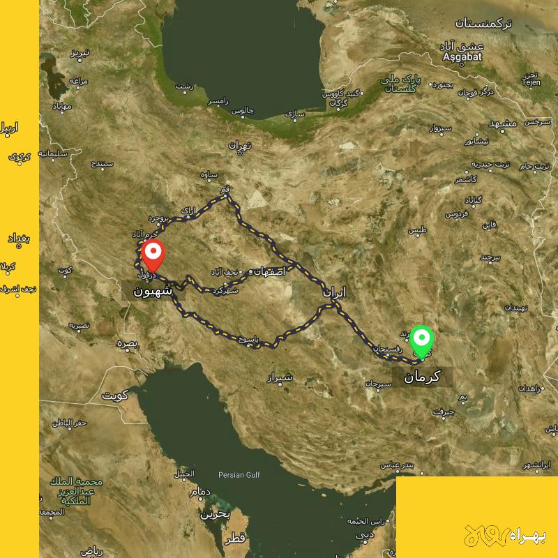 مسافت و فاصله شهیون - خوزستان تا کرمان از ۳ مسیر - شهریور ۱۴۰۳