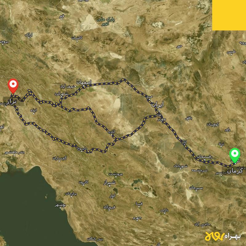 مسافت و فاصله تراز - خوزستان تا کرمان از ۳ مسیر - بهمن ۱۴۰۳