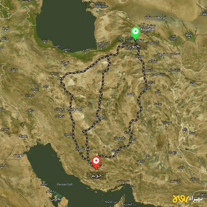 مسافت و فاصله جویم - فارس تا بجنورد از ۳ مسیر - مرداد ۱۴۰۳