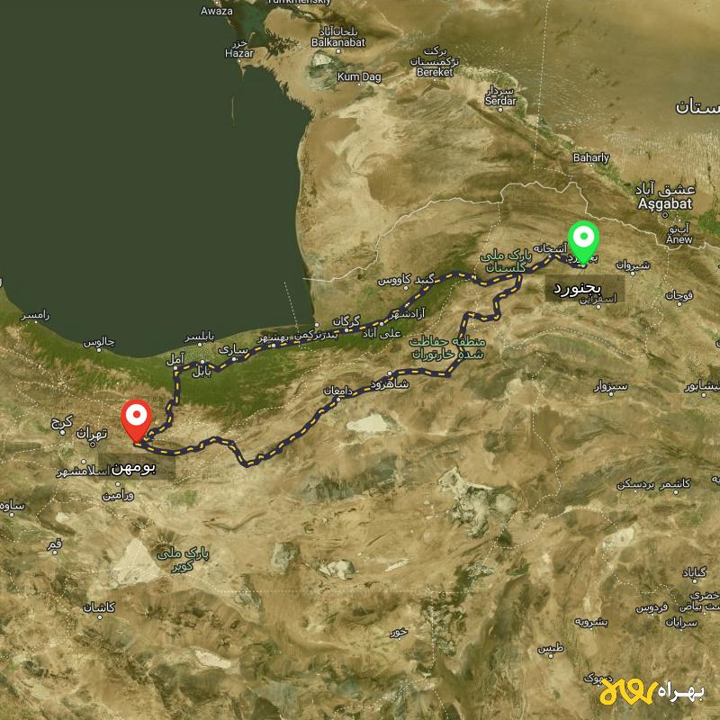مسافت و فاصله بومهن - تهران تا بجنورد از ۲ مسیر - مهر ۱۴۰۳