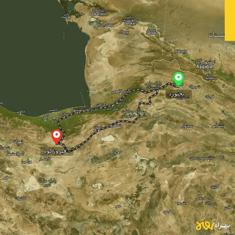 مسافت و فاصله فیروزکوه - تهران تا بجنورد از 2 مسیر - مسیریاب بهراه
