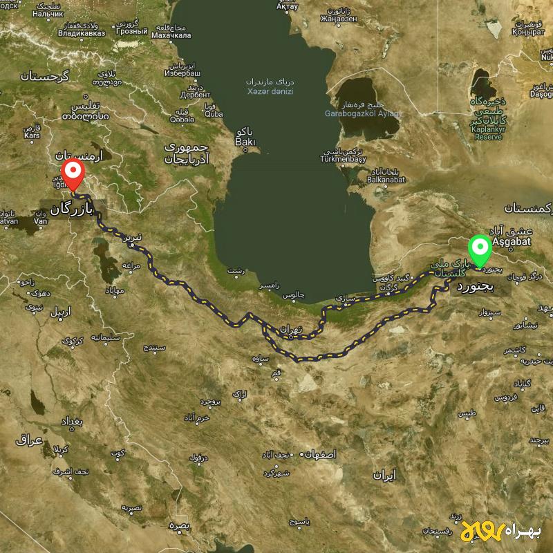 مسافت و فاصله بازرگان - آذربایجان غربی تا بجنورد از ۲ مسیر - آذر ۱۴۰۳