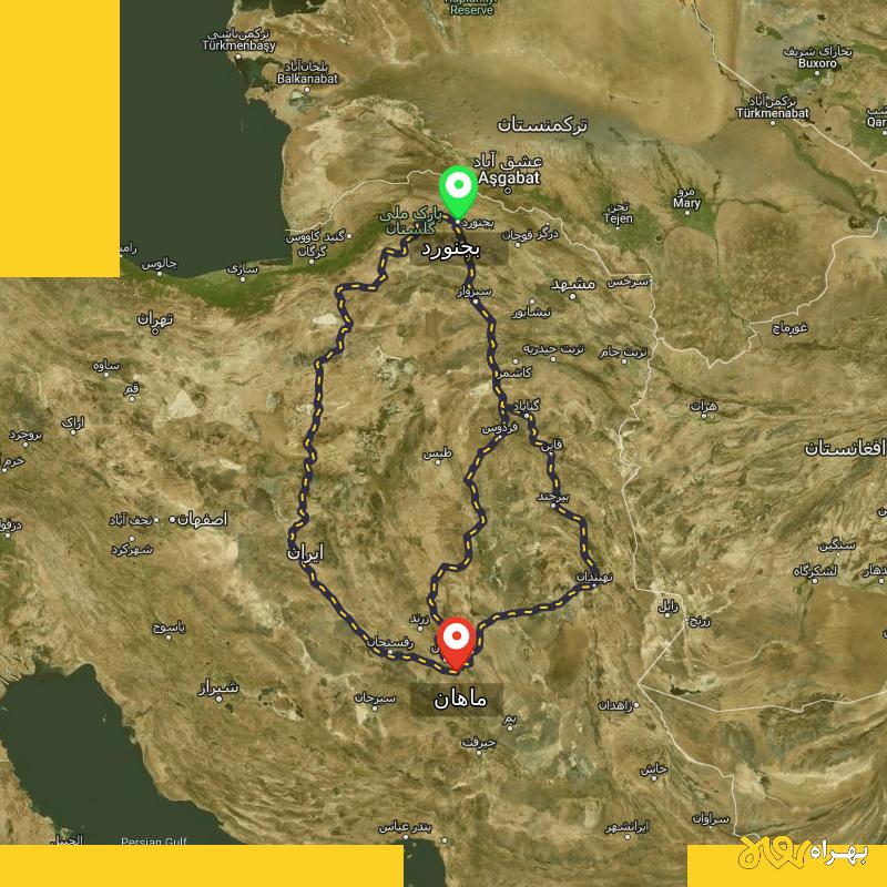 مسافت و فاصله ماهان - کرمان تا بجنورد از ۳ مسیر - آذر ۱۴۰۳