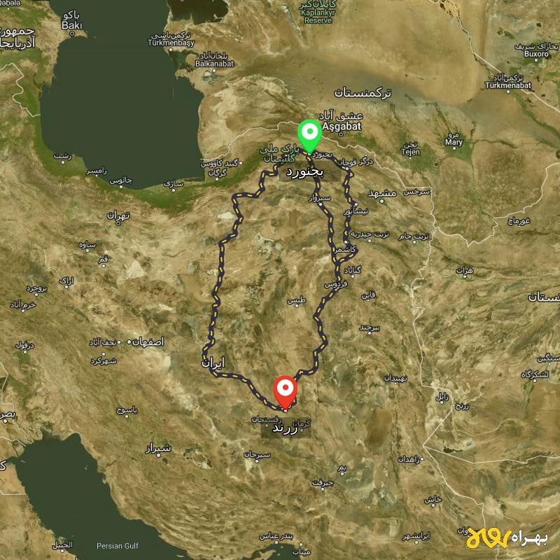 مسافت و فاصله زرند - کرمان تا بجنورد از ۳ مسیر - آبان ۱۴۰۳