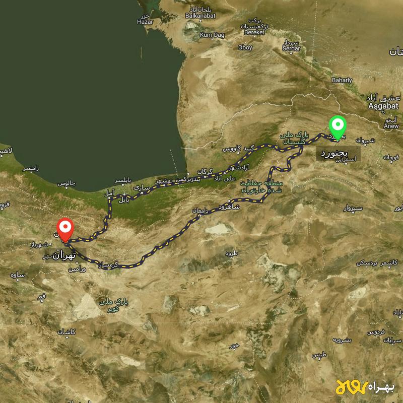 مسافت و فاصله تهران تا بجنورد از 2 مسیر - مسیریاب بهراه