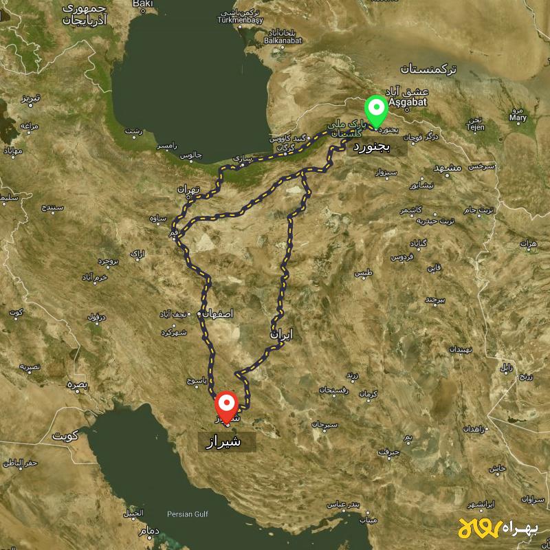 مسافت و فاصله شیراز تا بجنورد از ۳ مسیر - مرداد ۱۴۰۳