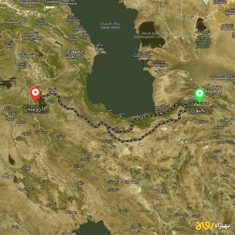 مسافت و فاصله ارومیه تا بجنورد از ۲ مسیر - مهر ۱۴۰۳