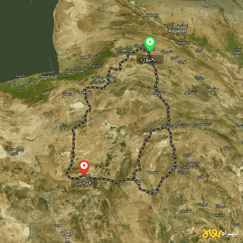 مسافت و فاصله فرخی - اصفهان تا بجنورد از ۳ مسیر - آذر ۱۴۰۳