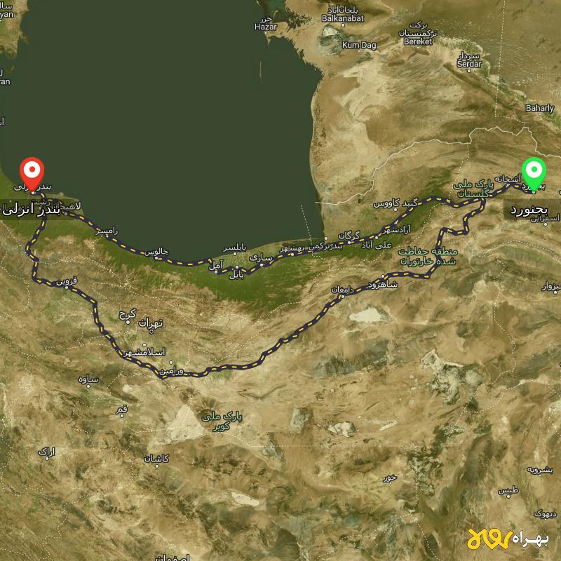 مسافت و فاصله بندر انزلی تا بجنورد از ۲ مسیر - مرداد ۱۴۰۳