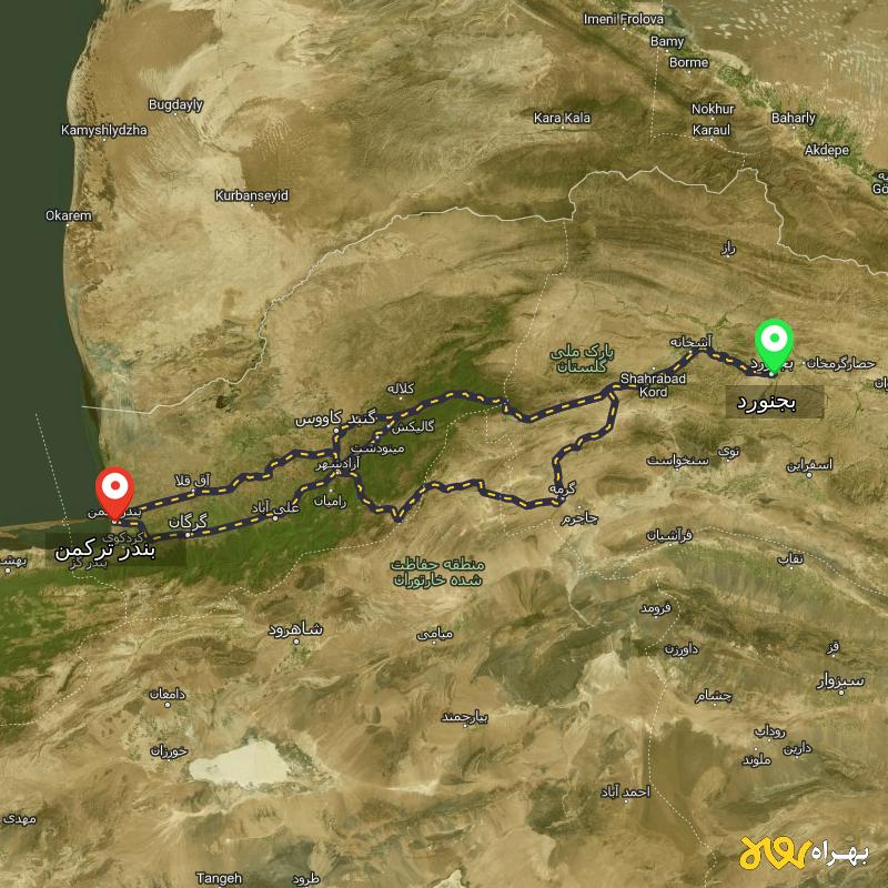 مسافت و فاصله بندر ترکمن - گلستان تا بجنورد از 3 مسیر - مسیریاب بهراه