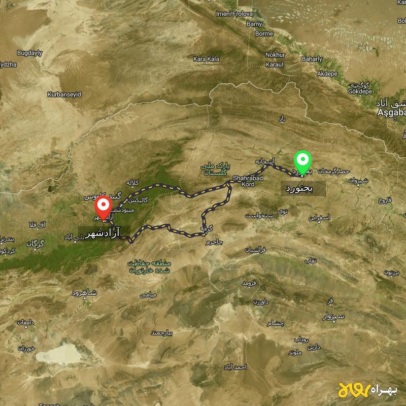 مسافت و فاصله آزادشهر - گلستان تا بجنورد از ۲ مسیر - دی ۱۴۰۳