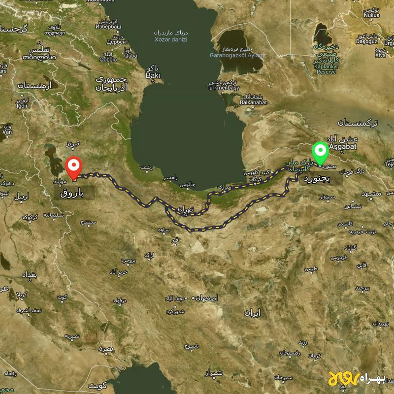 مسافت و فاصله باروق - آذربایجان غربی تا بجنورد از ۲ مسیر - آذر ۱۴۰۳