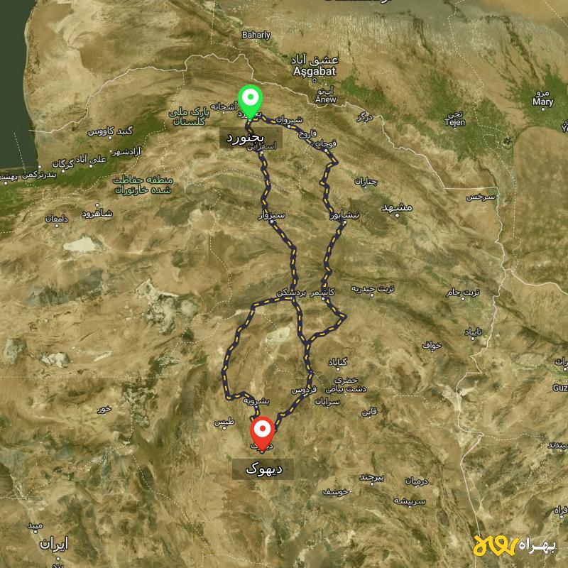 مسافت و فاصله دیهوک - خراسان جنوبی تا بجنورد از ۳ مسیر - آذر ۱۴۰۳