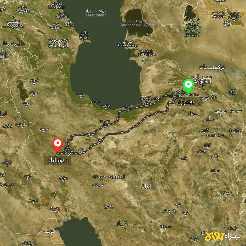 مسافت و فاصله نورآباد - لرستان تا بجنورد از ۲ مسیر - آذر ۱۴۰۳