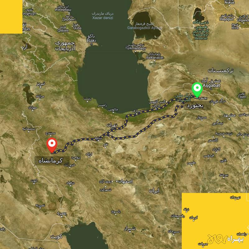 مسافت و فاصله کرمانشاه تا بجنورد از ۲ مسیر - آبان ۱۴۰۳