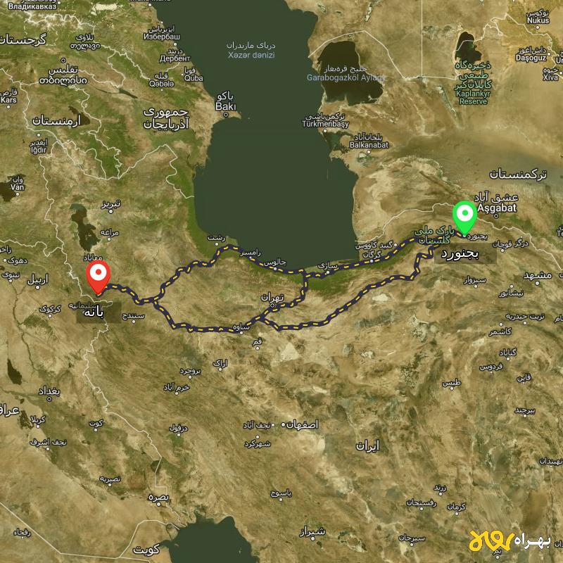 مسافت و فاصله بانه - کردستان تا بجنورد از 3 مسیر - مسیریاب بهراه