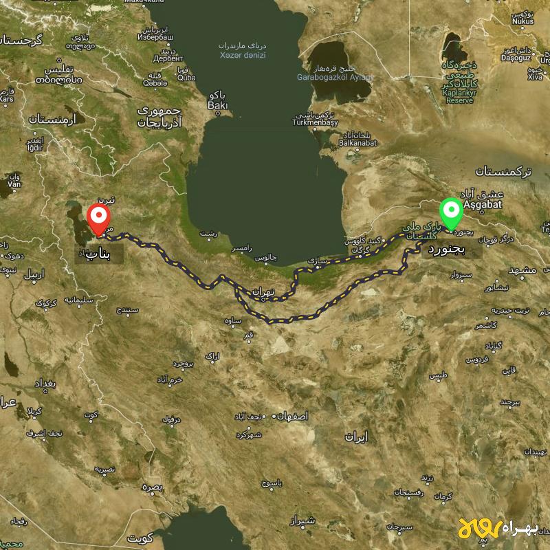 مسافت و فاصله بناب - آذربایجان شرقی تا بجنورد از ۲ مسیر - مهر ۱۴۰۳