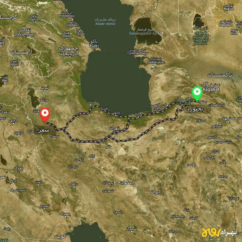 مسافت و فاصله سقز - کردستان تا بجنورد از ۳ مسیر - مرداد ۱۴۰۳
